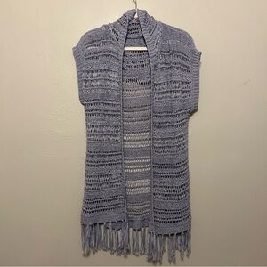 Hooded Knit‎ Cardigan Vest Periwinkle Fringe Boho Festival